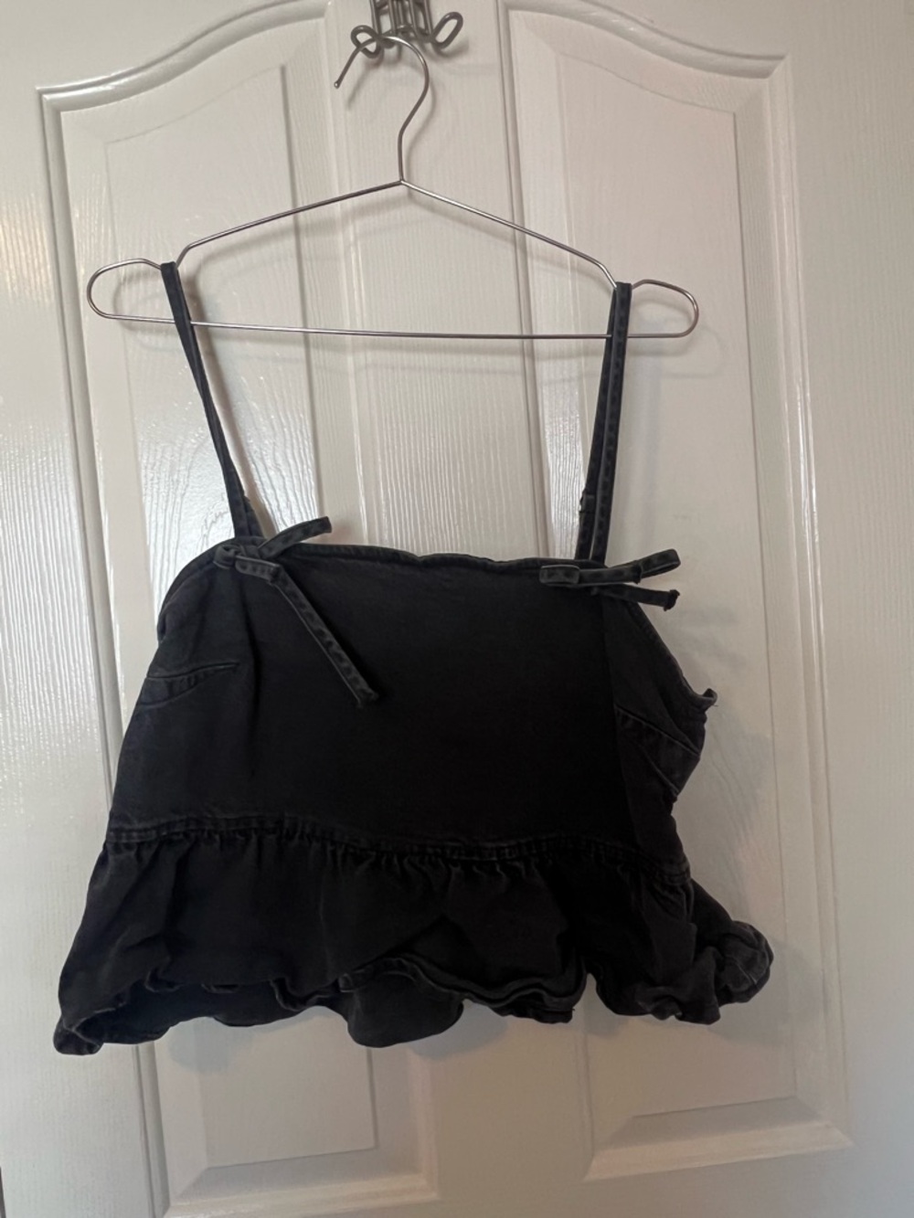 Black denim Ruffled bow strap Crop Top